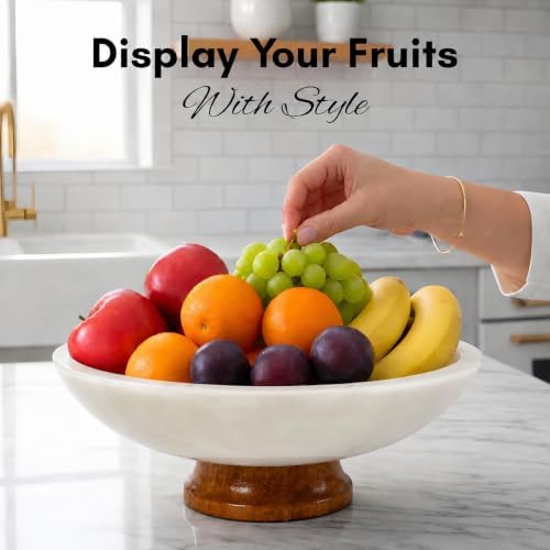 White Marble Fruit Bowl with Pedestal, 11" Large Decorative Centerpiece Bowl for Dining Table, Modern Kitchen Counter Fruit Bowl, Handcrafted Stone Marble Bowl, Luxury Home Decor Accent - Image 5