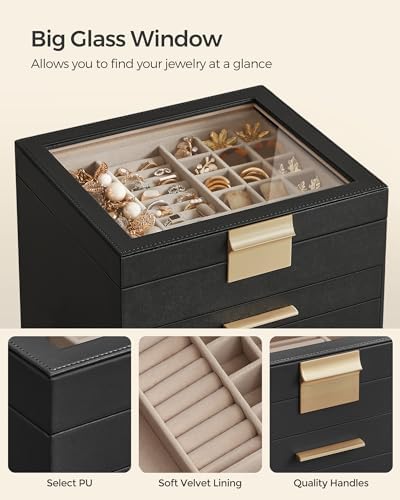 SONGMICS Jewelry Box Organizer, 6-Layer Storage with 5 Drawers, Glass Lid - Image 4