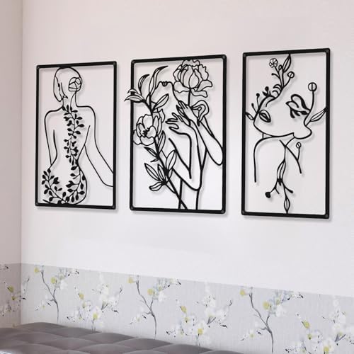 CHENGU 3 Pieces Metal Minimalist Abstract Woman Wall Art Line Drawing Wall Art Decor Single Line Female Home Hanging for Kitchen Bathroom Living Room by CHENGU