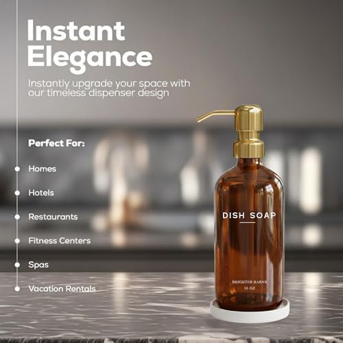 Luxury Glass Dish Soap Dispenser for Kitchen Sink by Brighter Barns - Kitchen Soap Dispenser Set with Pump & Ceramic Tray - Refillable Glass Bottle for Liquid - Luxury Home Decor for Gift (Amber/Gold) - Image 2