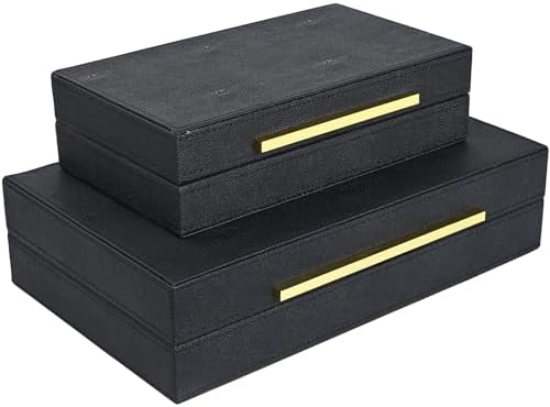 Black Shagreen box Set of 2 Faux Leather Decorative Boxes,Large Nesting Storage Decorative Boxes with Lids for Modern Home Decor Stacking Jewelry Box Organizer - Image 5