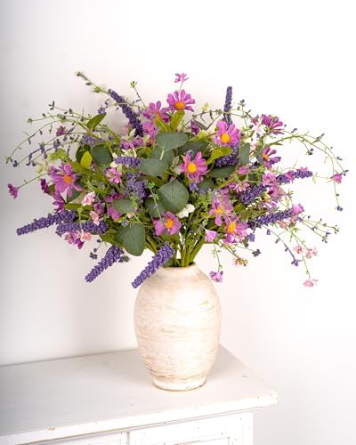 20" Artificial Flowers Bouquet for Vase Indoor, 6 stem Faux Silk Daisies Lavender Silver Dollar Eucalyptus Leaves Wildflower Floral Arrangement Home Decor for Living Room Dining Table Entryway - Image 3