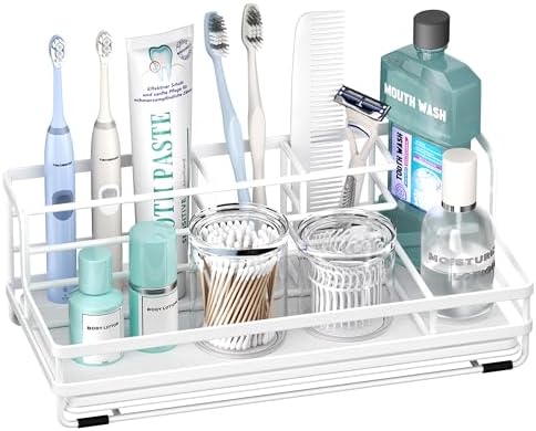 HapiRm Toothbrush Holders for Bathroom - 5 Partitions Bathroom Counter Organizer with Instant Drying Stone, Stainless Steel Countertop Storage Electric Toothbrush Toothpaste Holder - White by HapiRm
