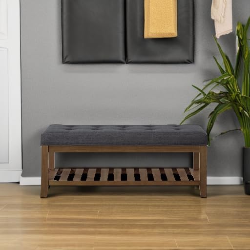 24KF Large Rectangular Upholstered Tufted Linen Fabric Ottoman Bench, Padded - Image 6