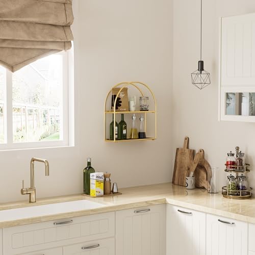 Crofy Gold Arched Frame Wall Shelf, Decorative 2 Tier Bathroom Wall Shelf with Walnut Finish Shelves and Robust Storage Capacity, 6" D x 17.9" W x 19.18" H - Image 4