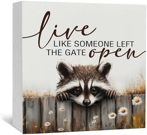 Raccoon Sign - Live Like Someone Left The Gate Open Wooden Box Signs, Raccoon Decor, Farmhouse Trash Panda Wood Decoration Home Decor For Desk Table Shelf 8x8 Inch Decorative Signs & Plaques by Nitelat