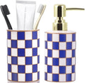 Bathroom Toothbrush Holder Set, Ceramic Checkered Soap Dispenser and Tooth Brush Holder Set, Modern Bathroom Accessories Sets Countertop, Black and White Checkered Bathroom Decor Set (Blue) by XYQXYQ