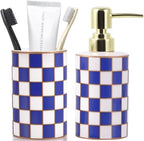 Bathroom Toothbrush Holder Set, Ceramic Checkered Soap Dispenser and Tooth Brush Holder Set, Modern Bathroom Accessories Sets Countertop, Black and White Checkered Bathroom Decor Set (Blue) by XYQXYQ