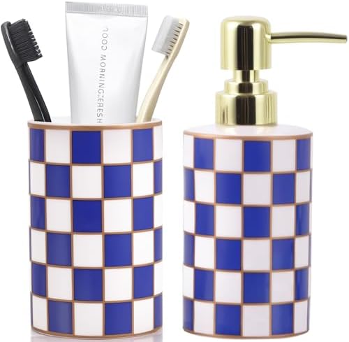 Bathroom Toothbrush Holder Set, Ceramic Checkered Soap Dispenser and Tooth Brush Holder Set, Modern Bathroom Accessories Sets Countertop, Black and White Checkered Bathroom Decor Set (Blue) by XYQXYQ