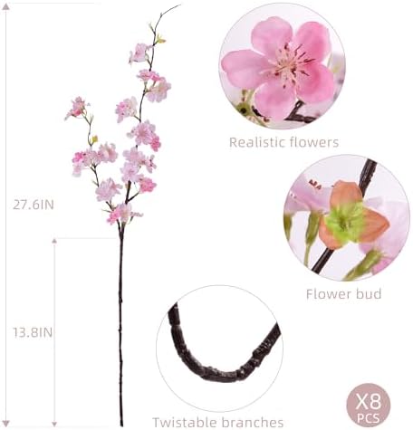 Artificial Cherry Blossom Branches 27.6In Silk Cherry Blossom Branches Long Stem Artificial Flowers for Tall Vase, for Home Decor, Weddings Decor, Parties & Festival Gifts 8PCS ，Pinkish White - Image 2