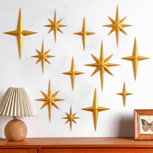 Blulu 12 Pcs Mid Century Modern Decoration Mcm Retro 3D Starburst Art Wall Sculpture, Plastic 8 Pointed Atomic Star Vintage Celestial Whimsigoth Accent for Home Office Room Decor (Gold) by Blulu