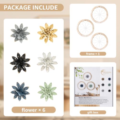 Paquesta 3 Piece Round Farmhouse Wall Decor with 6 Piece Interchangeable Flowers 12'' Medallion Wood & Metal Rustic Wall Art for Living Room Bedroom Kitchen Bathroom Dining Room Home Decorations - Image 3