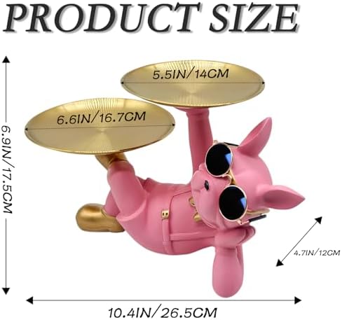 Huhote Resin French Bulldog Tray Statue, Lying Bulldog Candy Dish Key Holder Bowl, French Bulldog Accessories, Statues for Office Desk Home Decor Figurines Entryway Table Decor (Pink) - Image 4
