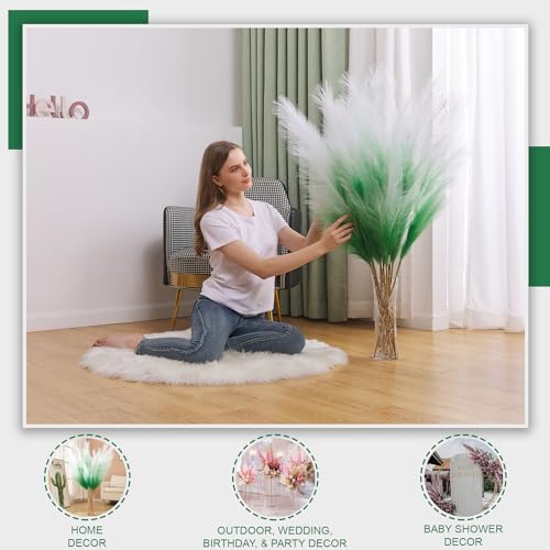7 Pcs 45" Faux Pampas Grass – Fluffy Artificial Pompous Grass for Tall Floor Vase, Non-Shedding Home Decor, Boho Wedding Flowers, Baby Shower Centerpieces, Bedroom & Living Room Decor (Green Gradient) - Image 3