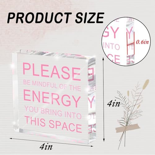 Please Be Mindful of The Energy Desk Sign - 4x4 Inch Pink Acrylic Office Decor for Women, Therapist Room Decor, Positive Workspace Sign, Calm Office Accessories & Wellness Gift - Image 2