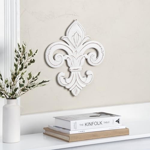 JFY Designs Fleur De Lis Carved Wood Wall Art, White Distress, 13x15 in - Image 3