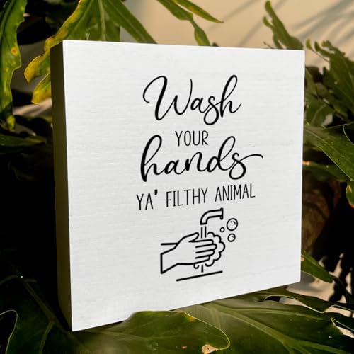 Funny Rustic Bathroom Decor Wooden Box Sign 5x5 Inch - "WASH YOUR HANDS YA' FILTHY ANIMAL" Humorous Restroom Shelf Table Decoration for Home - Image 6
