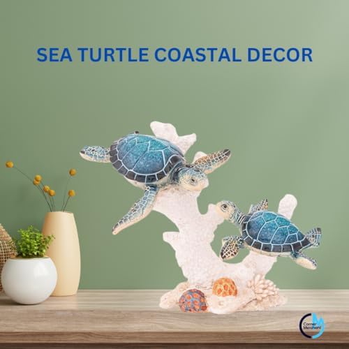 Sea Turtle Decor Figurine Blue Turtle Swimming on Coral Reef Base Coastal Bathroom Beach House Decor (Blue Sea Turtles) - Image 5