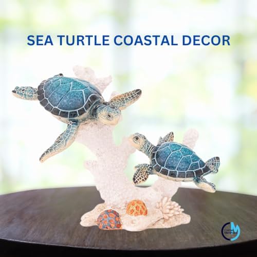 Sea Turtle Decor Figurine Blue Turtle Swimming on Coral Reef Base Coastal Bathroom Beach House Decor (Blue Sea Turtles) - Image 2