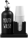 Glass Mouthwash Dispenser for Bathroom, 16 OZ Mouthwash Dispenser with Pour Spout and Wood Cup Holder and Tray, Mouth Wash Bottle Container, Black Kitchen Bathroom Decor and Accessories by Bivvclaz