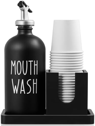 Glass Mouthwash Dispenser for Bathroom, 16 OZ Mouthwash Dispenser with Pour Spout and Wood Cup Holder and Tray, Mouth Wash Bottle Container, Black Kitchen Bathroom Decor and Accessories by Bivvclaz