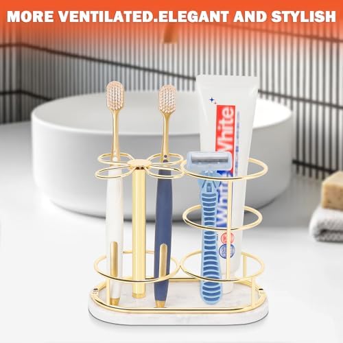 Toothbrush Holder Stand for Bathroom, Metal Toothbrush Organizer with Marble Base, Toothbrush Storage Collection for Family, Suitable for Home Hotel Countertop Vanity (Medium, Gold) - Image 4