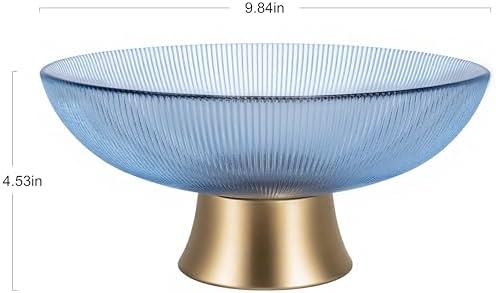 Round Glass Decorative Bowl (Blue), 9.8 Inches Handblown Striped Design Glass Bowl with Rust Resistant Metal Base,Decor Fruit Bowl for Home Decor,Table Centerpiece,Kitchen Island and Dining Decor - Image 5