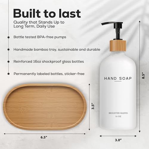 Luxury Glass Hand and Dish Soap Dispenser Set by Brighter Barns - Kitchen Soap Dispenser Set with Tray - Bamboo Pump Bottle for Kitchen Sink - Boho Home Decor, Modern Decor in Restaurant (Black/White) - Image 3