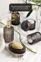 EMPO 6PCS Bathroom Clear Glass Accessories Set (Lotion Soap Dispenser, Soap Dish, Toothbrush Holder, Tumbler, Cotton Swab Jar) Contemporary Modern Decor Crystal Clear Vintage Gift (6pcs Gray) - Image 2