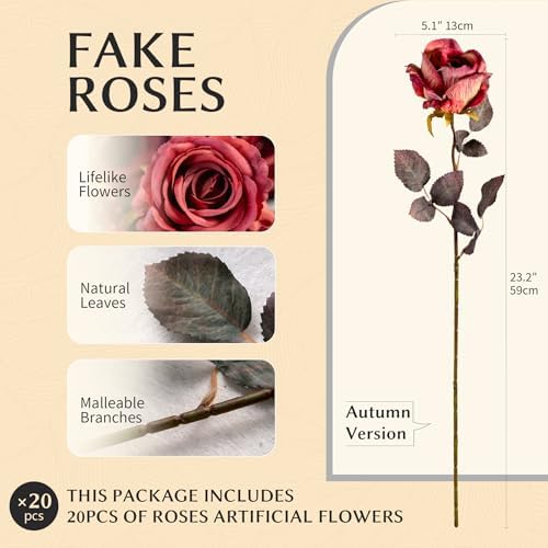 Artificial Flowers Artificial Roses 23.2In Fake Roses Long Stem Artificial Flowers for Tall Vase Silk Rose Suitable for Indoor Decoration Wedding Party Decor DIY Bouquet Autumn (20PCS,Red) - Image 2