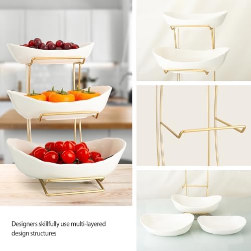 jessie 3 Tier Ceramic Fruit Bowls for Kitchen Counter with Metal Rack, Fruit Basket with Stand, Porcelain Bowls for Fruit Vegetable Bread Candy Snack Nuts Dessert Cake Tray (White 3 Layer) - Image 5