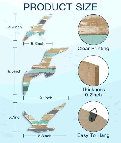 Putuo Decor Coastal Seagull Wall Decor Set of 3, Wooden Beach Wall Art on MDF with Distressed Nautical Stripes, Lightweight Ocean Theme Wall Hanging for Bathroom Living Room Bedroom Entryway - Image 2