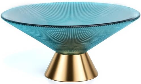 Tapered Glass Decorative Bowl (Blue), 9.8 Inches Handblown Striped Design Glass Bowl with Rust Resistant Metal Base,Decorative Fruit Bowl for Home Decor,Table Centerpiece,Kitchen Island,Dining Decor by Unknown