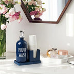 Glass Mouthwash Dispenser for Bathroom, 16 OZ Mouthwash Dispenser with Pour Spout and Wood Cup Holder and Tray, Mouth Wash Bottle Container, Farmhouse Kitchen Bathroom Decor and Accessories, Navy Blue - Image 7
