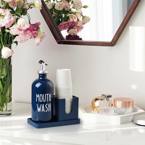 Glass Mouthwash Dispenser for Bathroom, 16 OZ Mouthwash Dispenser with Pour Spout and Wood Cup Holder and Tray, Mouth Wash Bottle Container, Farmhouse Kitchen Bathroom Decor and Accessories, Navy Blue - Image 7