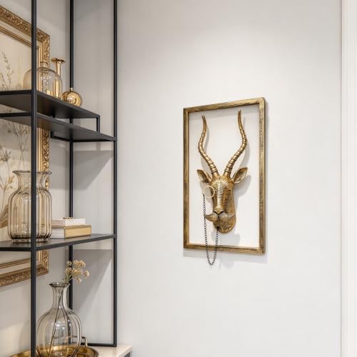 Newinhome Animal Heads Wall Decor (Includes Metal Frame) Resin Animals Sculptures Head Wall Hanging Decoration Gold vintage Wall Sculpture for Living Room Bedroom Office(Antelope) - Image 4
