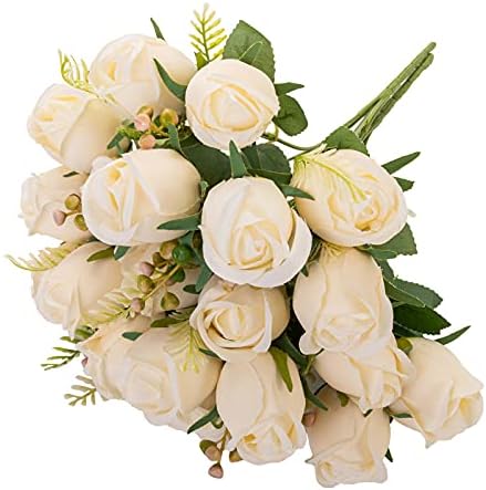 Artificial Rose Flowers 20 Heads 2 Bundles Silk Bridal Bouquet, Cream by FuleHouzz