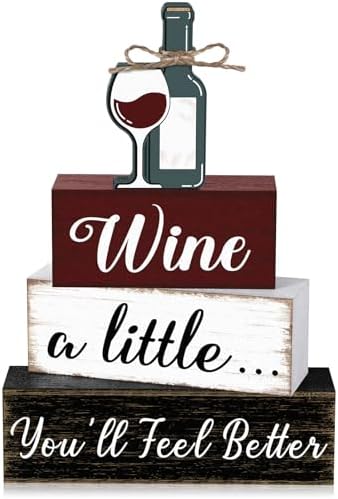 Marsui 4 Pcs Wine Decorations Wooden Farmhouse Wine Bar Sign for Kitchen by Marsui