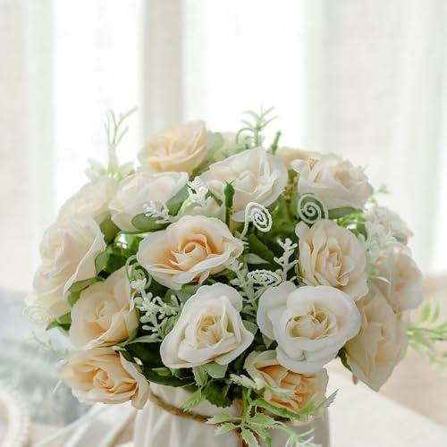 TKAS Fake Flowers Arrangement in Ceramic Vase, Artificial Faux Silk Roses, Small Realistic Dried-Style Floral, Dining Table Centerpiece for Wedding Party Home Decoration (Champagne White) - Image 2