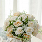 TKAS Fake Flowers Arrangement in Ceramic Vase, Artificial Faux Silk Roses, Small Realistic Dried-Style Floral, Dining Table Centerpiece for Wedding Party Home Decoration (Champagne White) - Image 2