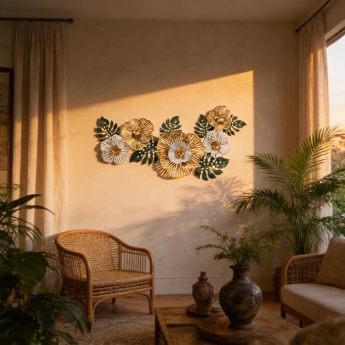 Large Modern Metal Wall Art, 3D Gold, White & Green Monstera Leaf Wall Sculpture, Tropical Wall Hanging for Living Room Bedroom Dining Room Entryway, Gift for Housewarming Wedding, 43.3"L x 18.5"W - Image 2