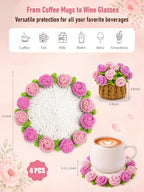 Crochet Flower Bouquet Coasters, Cotton Rose Gifts for Home Decor 4Pcs - Image 2