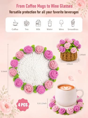 Crochet Flower Bouquet Coasters, Cotton Rose Gifts for Home Decor 4Pcs - Image 2