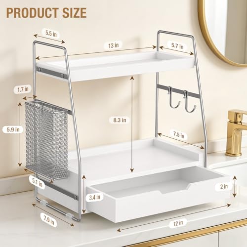 2-Tier Bathroom Counter Organizer with Drawer, Wood Counter Storage Shelf - Image 2