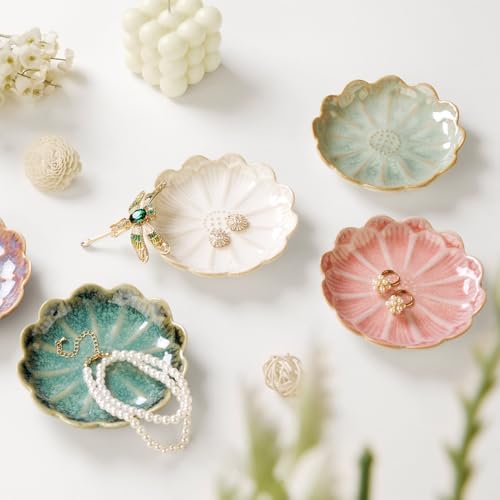 Lotus Ring Holder Dish Small Indoor Ash Tray, Ceramic Dessert Plate Trinket Jewelry Holder Organizing Necklace Earrings for Parents Friends Sister, All Jewelries Are NOT Included, Retro Blue. - Image 5