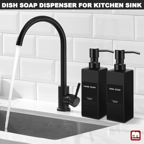 GMISUN Black Soap Dispenser Bathroom, Glass Hand Soap Dispenser with Stainless Steel Pump, 12 fl oz/350ml Refillable Dish Dispensers for Kitchen, Modern Liquid Lotion Bottles for Bathroom Countertop - Image 4