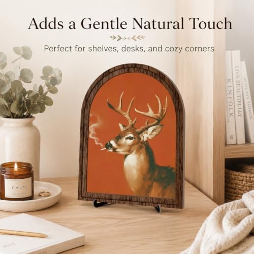 Vintage Deer Art Decor - Arched Wooden Frame with Stand, Retro Whimsical Animal Wall & Tabletop Decor for Living Room, Bedroom, Office, Funny Novelty Home Accent, Unique Housewarming Gift - Image 2