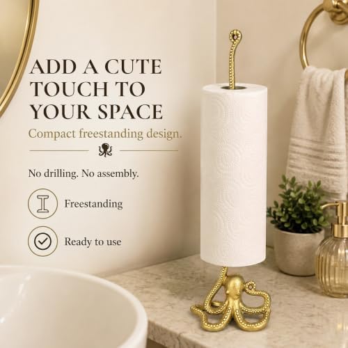 WallCharmers Gold Octopus Paper Towel Holder & Metal Toilet Paper Stand - Image 4