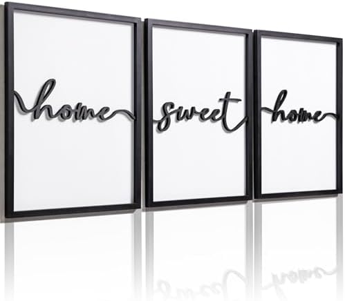3D Wood Home Sweet Home Wall Art, Modern Home Sweet Home Sign for Large Living Room Wall Decor(Ready to Hang, Set of 3, 12x16 Inch, Framed) by KIOSSUT