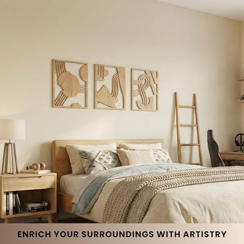 qmmp Modern Wooden Wall Sculptures - Set of 3 - Home Decor Accent - Large Wall Art for Living Room, Bedroom, Office - Easy Installation (Oak, Large - Abstract Shapes) - Image 6